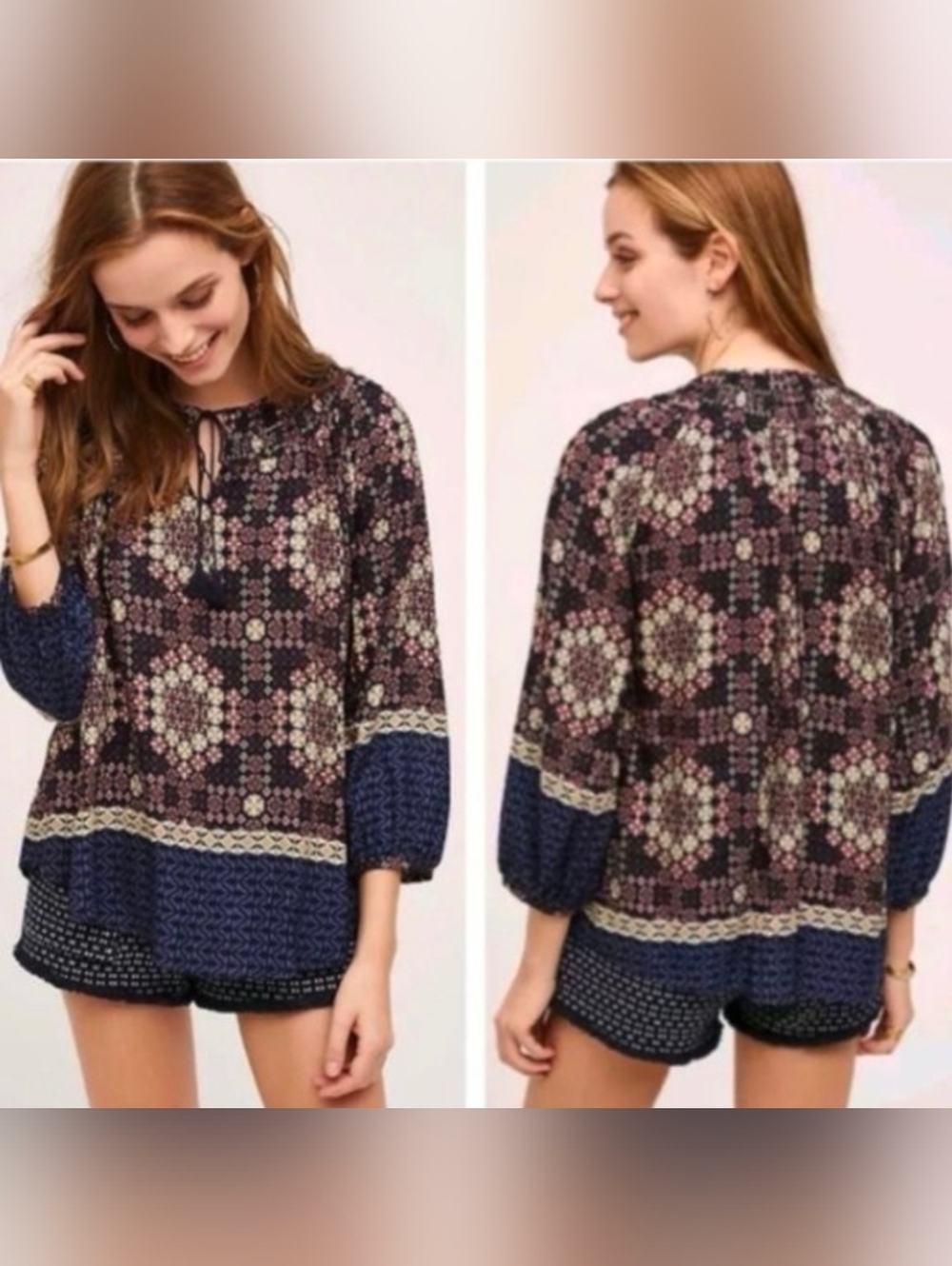 Anthropologie Navy and Pink Mosaic Peasant Blouse